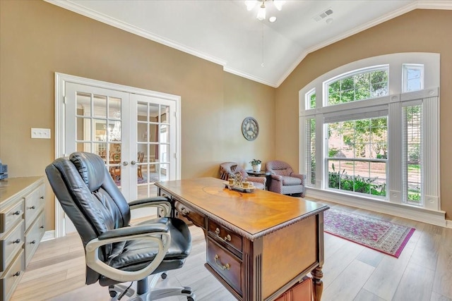 home office featuring french doors, light wood-type flooring, crown molding, and lofted ceiling