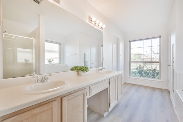 bathroom with vanity, hardwood / wood-style flooring, and a shower with shower door