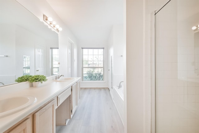 bathroom with hardwood / wood-style flooring, vanity, and separate shower and tub