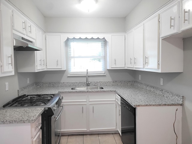 kitchen with white cabinets, black dishwasher, stainless steel range with gas cooktop, and sink