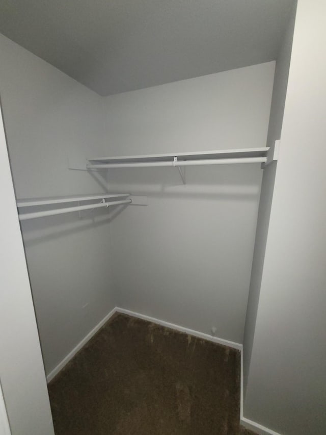 walk in closet featuring dark carpet