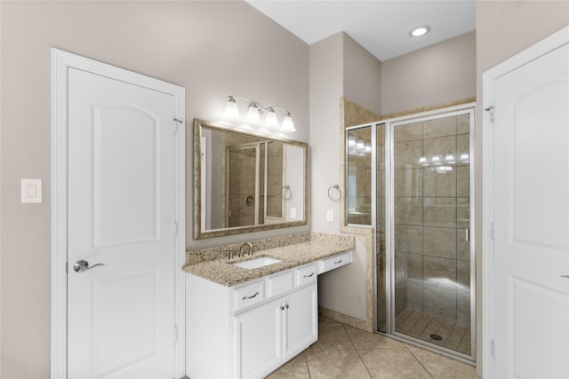 bathroom with tile patterned flooring, vanity, and a shower with door