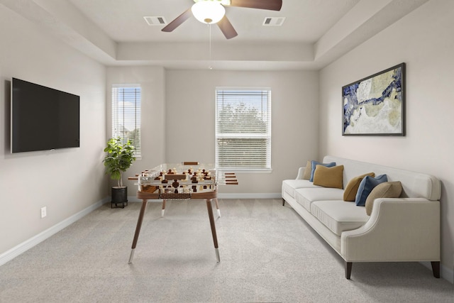 interior space featuring a raised ceiling, light colored carpet, and a wealth of natural light