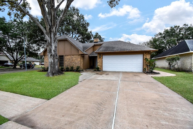 ranch-style home with a garage and a front yard