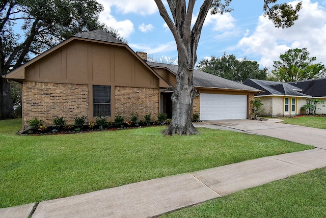 ranch-style house with a front yard and a garage