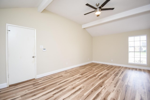 spare room featuring lofted ceiling with beams, ceiling fan, and light hardwood / wood-style flooring