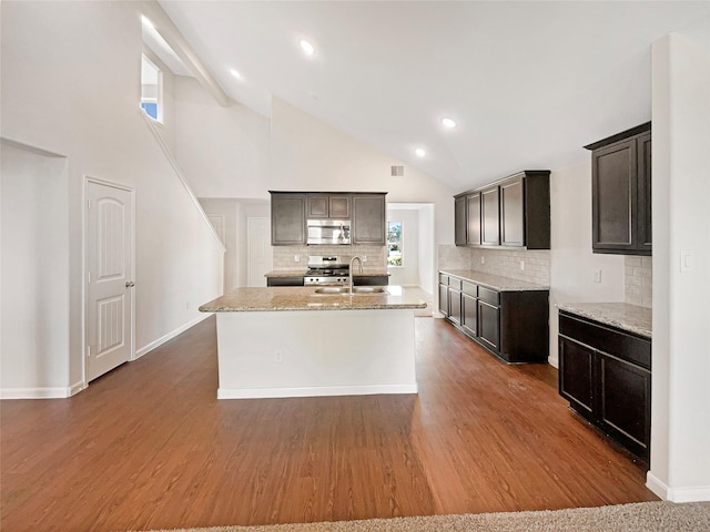 kitchen featuring backsplash, a healthy amount of sunlight, an island with sink, and stainless steel appliances