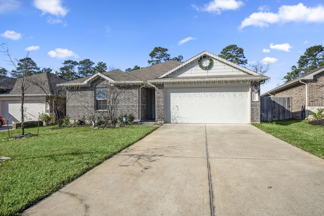 ranch-style house featuring a garage and a front lawn