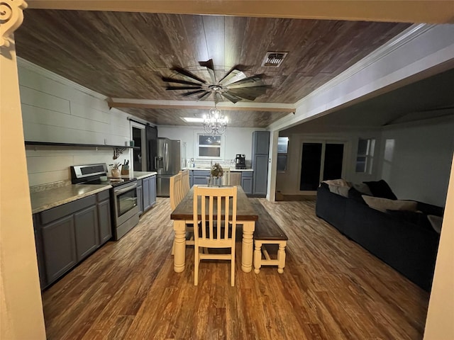 kitchen featuring appliances with stainless steel finishes, wood-type flooring, gray cabinetry, a chandelier, and wooden ceiling