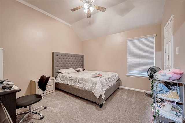 bedroom featuring carpet, ceiling fan, and lofted ceiling