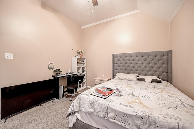 bedroom with carpet, ceiling fan, and lofted ceiling