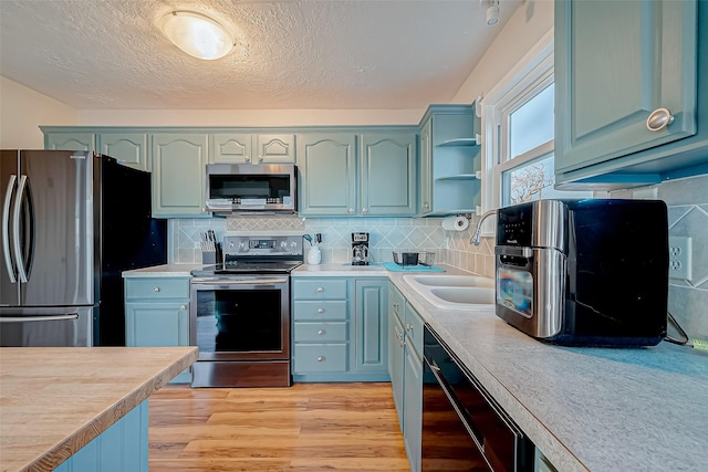 kitchen with sink, backsplash, stainless steel appliances, a textured ceiling, and light wood-type flooring