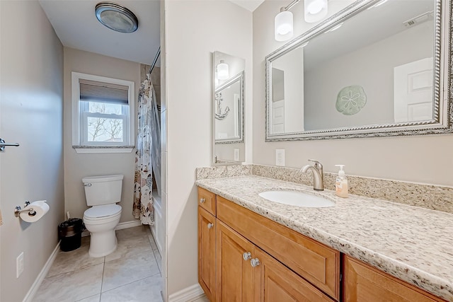 full bathroom featuring tile patterned flooring, vanity, shower / bathtub combination with curtain, and toilet