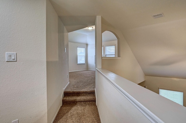 staircase with carpet flooring and vaulted ceiling