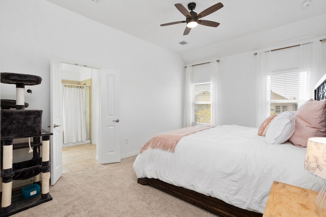 bedroom with light carpet and ceiling fan