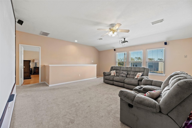 16507 Cypress Brook Ct, Cypress, TX 77429 - living area featuring a ceiling fan, carpet flooring, baseboards, and vaulted ceiling