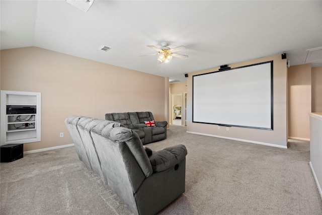 16507 Cypress Brook Ct, Cypress, TX 77429 - home theater featuring a ceiling fan, carpet floors, lofted ceiling, and baseboards