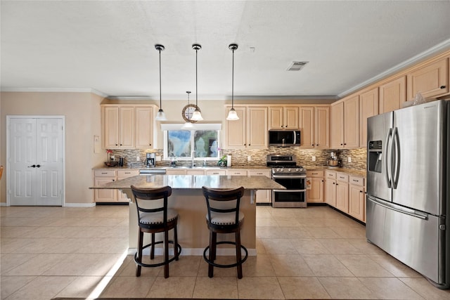 16507 Cypress Brook Ct, Cypress, TX 77429 - kitchen featuring appliances with stainless steel finishes, backsplash, crown molding, light brown cabinets, and light tile patterned flooring