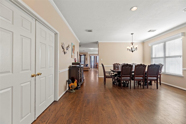 16507 Cypress Brook Ct, Cypress, TX 77429 - dining space with a chandelier, crown molding, baseboards, dark wood-style floors, and recessed lighting