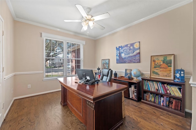 16507 Cypress Brook Ct, Cypress, TX 77429 - home office featuring ceiling fan, dark wood-style flooring, crown molding, and baseboards