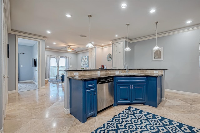 kitchen featuring pendant lighting, blue cabinets, sink, stainless steel dishwasher, and ceiling fan