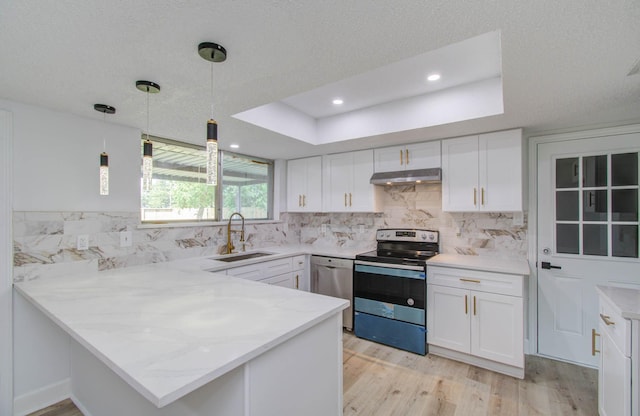 kitchen featuring white cabinetry, sink, stainless steel appliances, kitchen peninsula, and decorative light fixtures