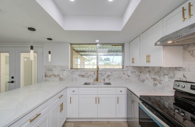 kitchen featuring dishwasher, sink, light stone counters, stainless steel range with electric stovetop, and white cabinets