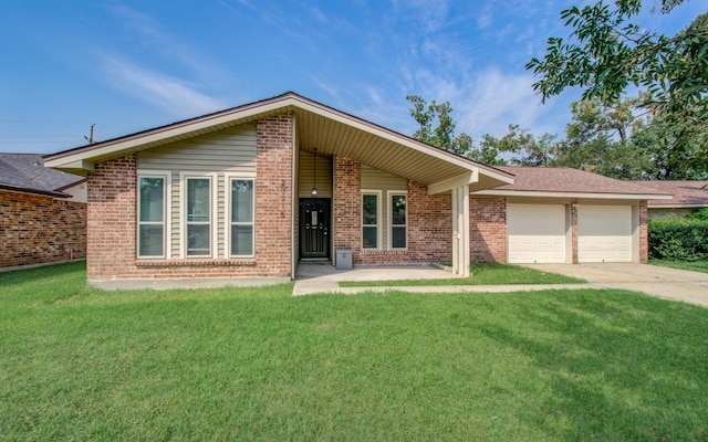 ranch-style home with a garage and a front yard