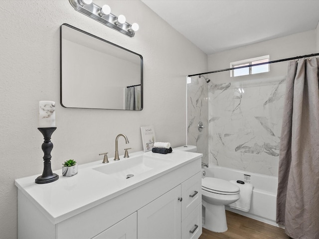 full bathroom with hardwood / wood-style flooring, vanity, toilet, and shower / tub combo with curtain