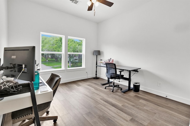 office featuring ceiling fan and light wood-type flooring