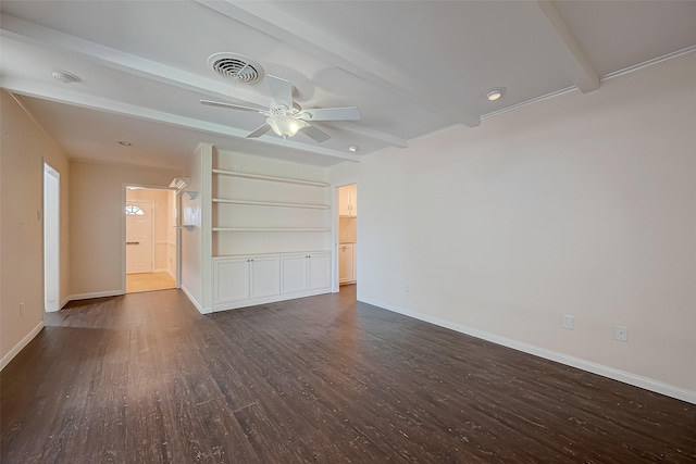 unfurnished living room featuring beamed ceiling, ceiling fan, built in features, and dark wood-type flooring