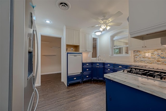 kitchen featuring ceiling fan, white cabinetry, blue cabinets, and fridge with ice dispenser