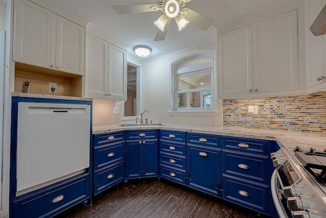 kitchen featuring white cabinetry, sink, blue cabinets, white dishwasher, and stainless steel stove