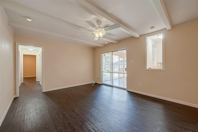 spare room with beamed ceiling, ceiling fan, and dark hardwood / wood-style floors