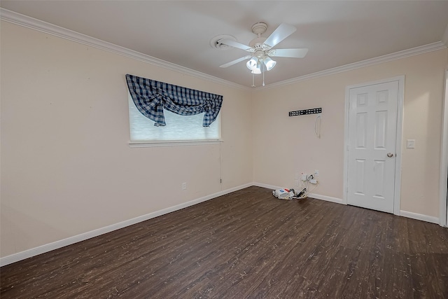 unfurnished room with dark hardwood / wood-style flooring, ceiling fan, and crown molding