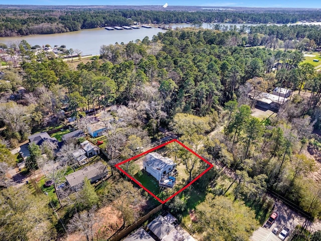 drone / aerial view featuring a water view and a view of trees