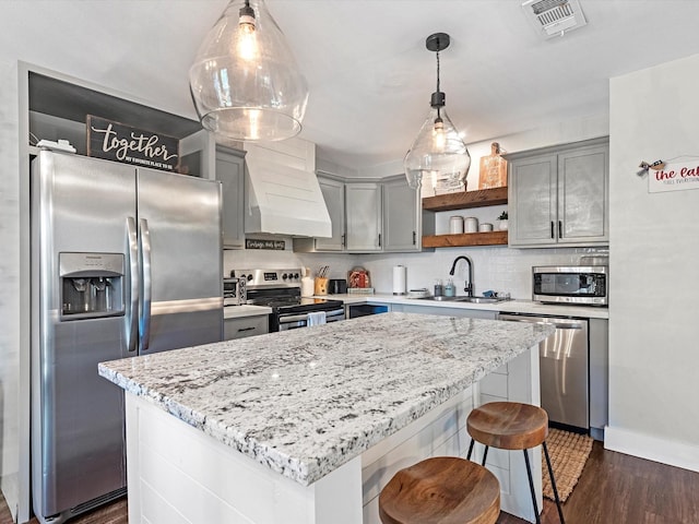 kitchen featuring gray cabinetry, stainless steel appliances, a sink, open shelves, and custom range hood