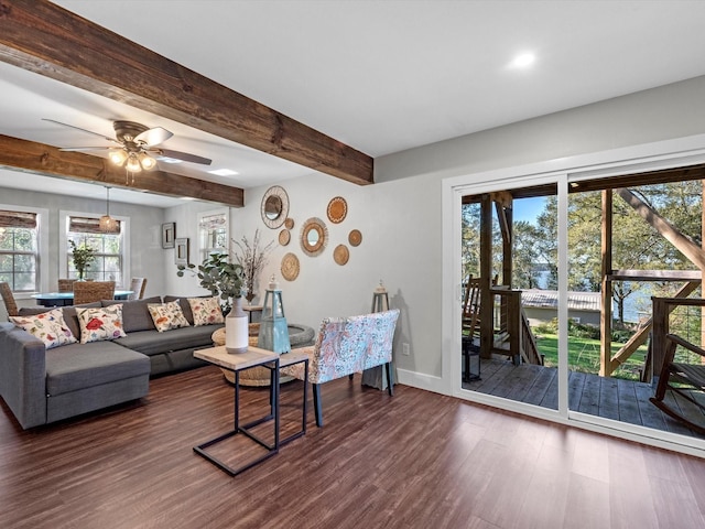 living room featuring beam ceiling, ceiling fan, and dark hardwood / wood-style flooring