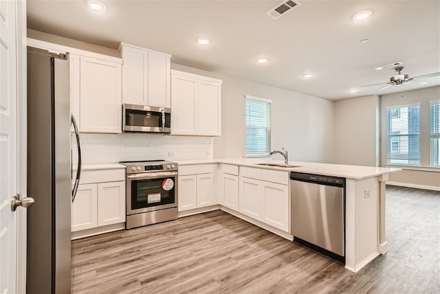 kitchen featuring white cabinetry, kitchen peninsula, decorative backsplash, appliances with stainless steel finishes, and light wood-type flooring