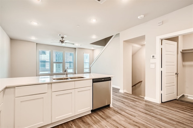 kitchen with stainless steel dishwasher, ceiling fan, white cabinetry, and sink