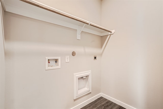 washroom with electric dryer hookup, gas dryer hookup, dark wood-type flooring, and hookup for a washing machine