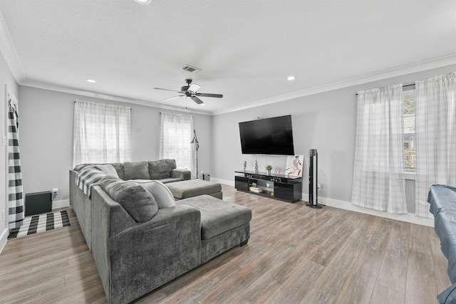 living room with ceiling fan, crown molding, and wood-type flooring