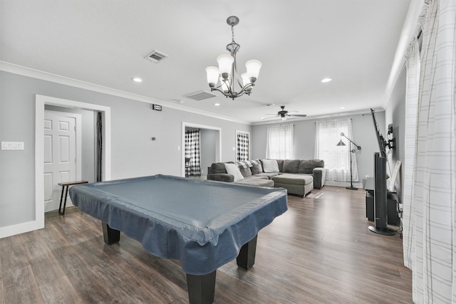 playroom featuring crown molding, dark wood-type flooring, and billiards