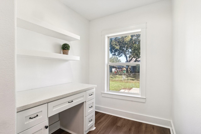 unfurnished office with dark hardwood / wood-style flooring and built in desk