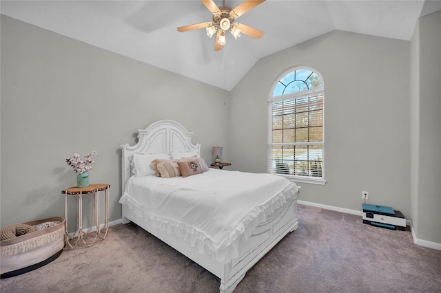 bedroom featuring vaulted ceiling, carpet floors, and ceiling fan