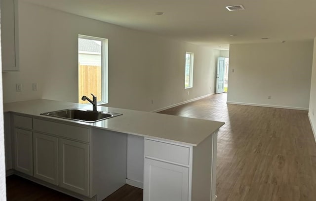 kitchen featuring kitchen peninsula, wood-type flooring, white cabinets, and sink