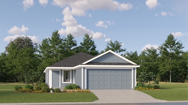 ranch-style home featuring a garage and a front yard