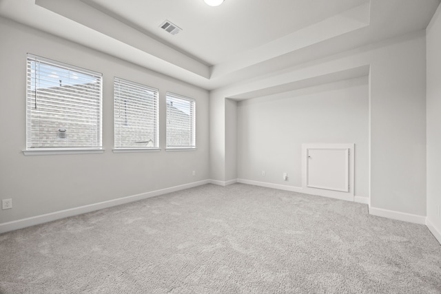 carpeted spare room with a tray ceiling