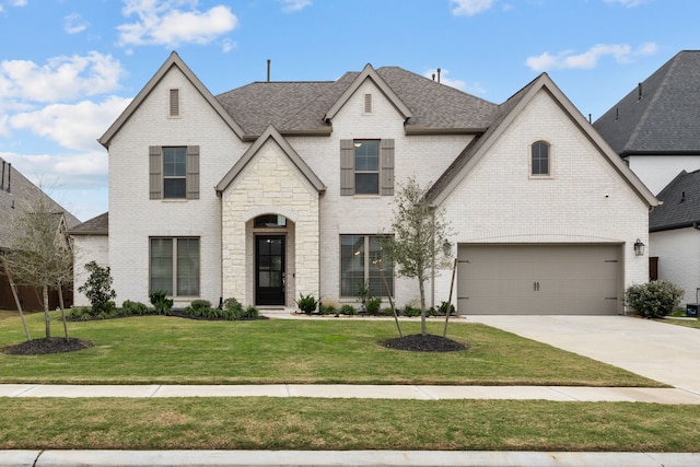 french country inspired facade with a front yard and a garage