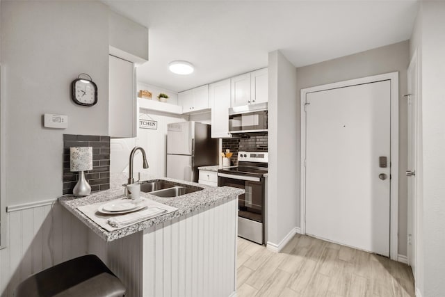 kitchen with kitchen peninsula, decorative backsplash, stainless steel appliances, sink, and white cabinetry